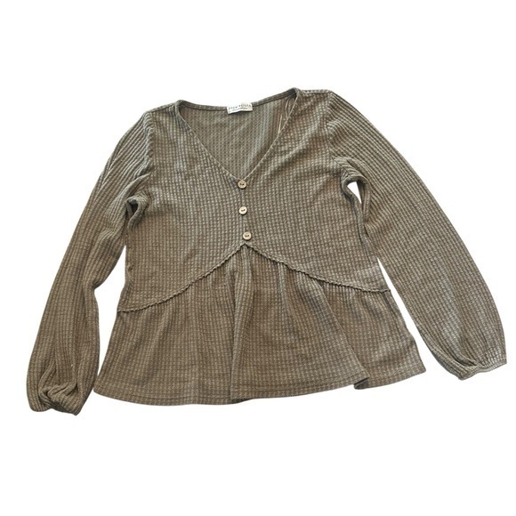 Paper Crane Tops - Paper Crane V Neck Balloon Sleeve Babydoll Top - Womens Size XS - Olive Green